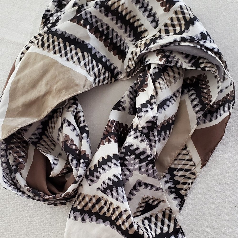 Jones New York Silk Scarf Geometric Black Gray Brn - Picture 4 of 8
